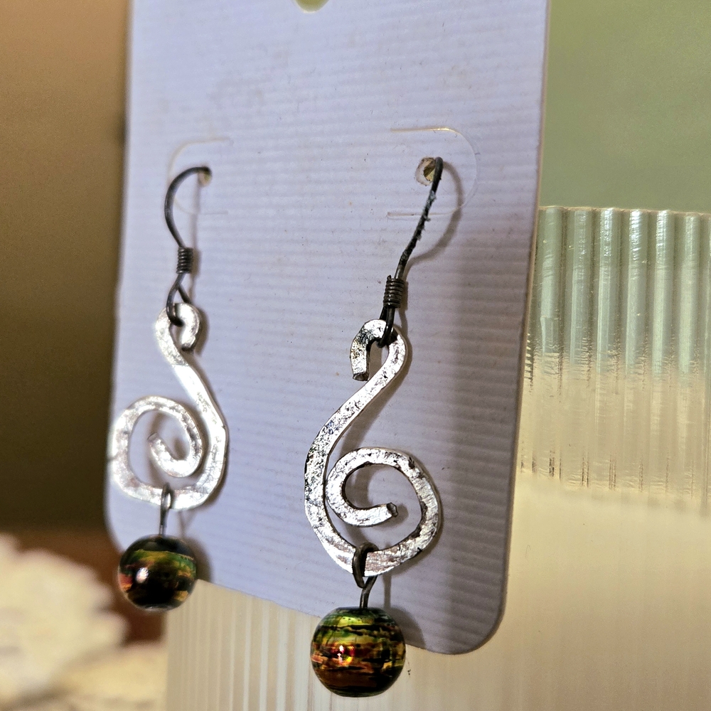 Silver Swirl Drop Earrings with Green Accent Bead